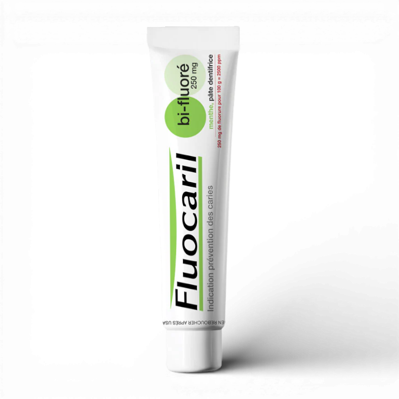 Fluocaril toothpaste tube on a white background