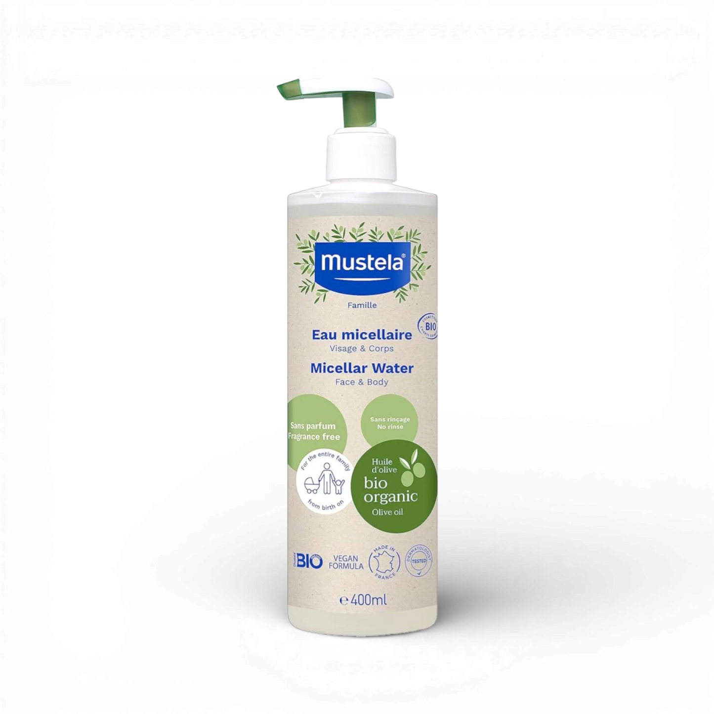 Mustela micellar water bottle on a white background