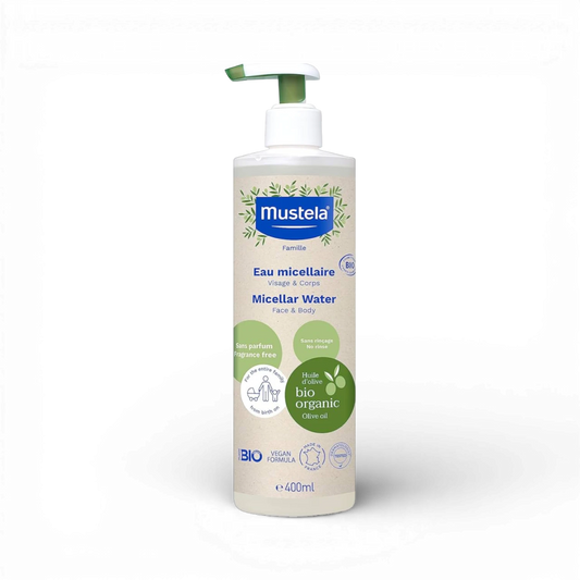 Mustela micellar water bottle on a white background