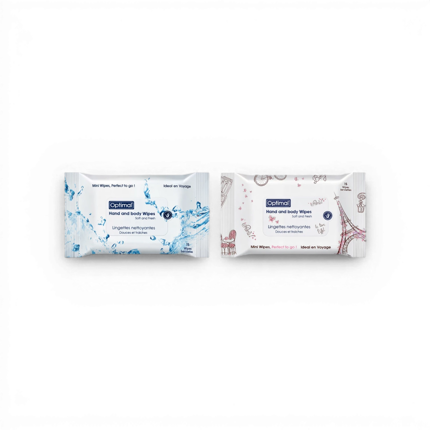 Optimal Hand & Body Wipes – 15 Mini Wipes – Blue or Pink