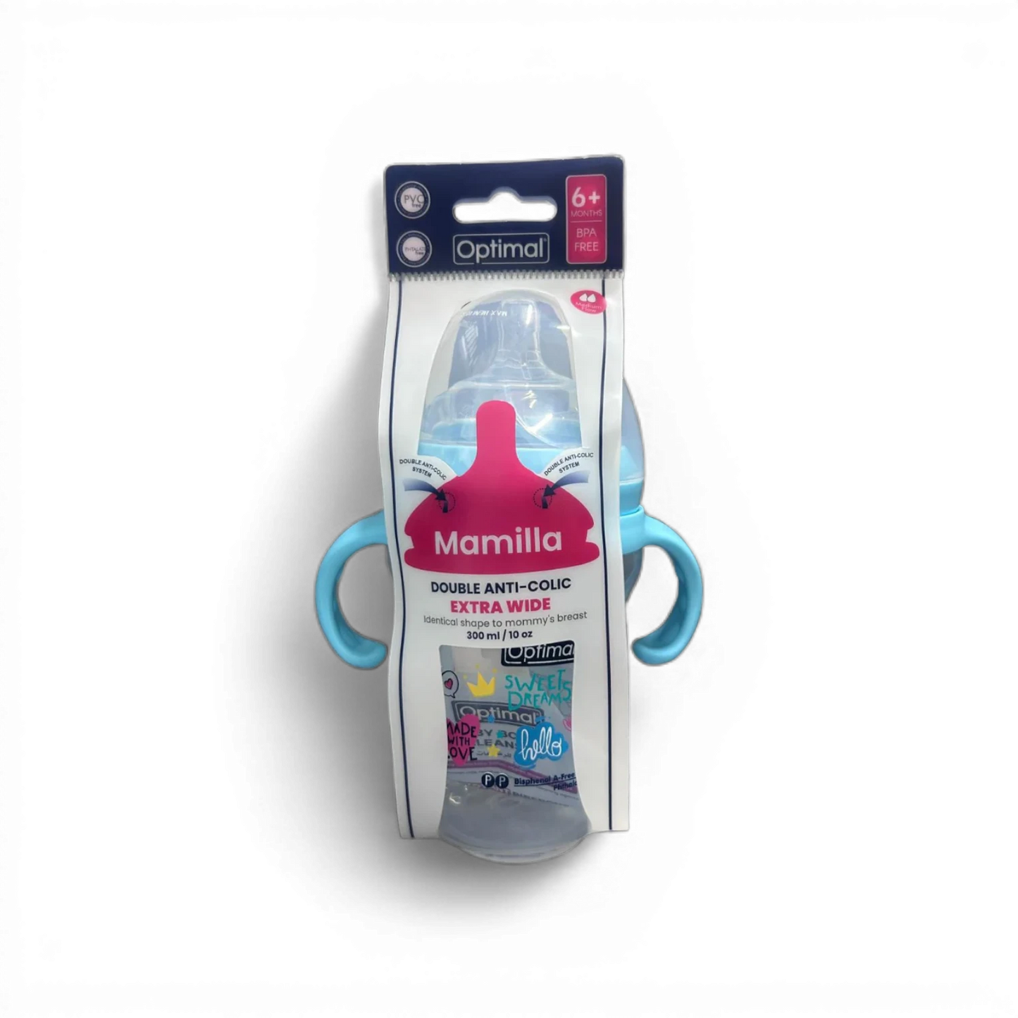 Optimal Mamilla Double Anti-Colic Extra Wide Feeding Bottle – 300 ml (6+ Months) – Blue